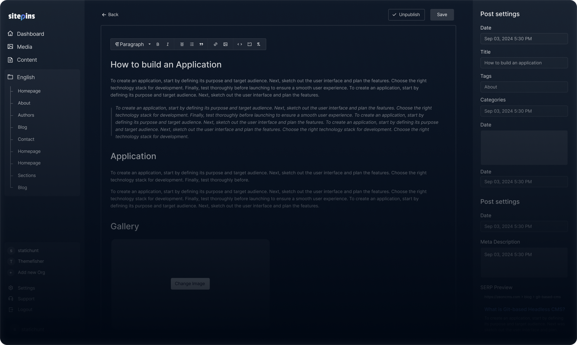 Sitepins Dashboard